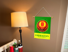 Load image into Gallery viewer, University of Oregon Basketball Garden Flag hung inside college dorm
