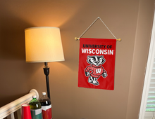 Load image into Gallery viewer, indoor display of University of Wisconsin badgers garden flag for man cave decor