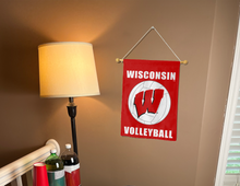 Load image into Gallery viewer, indoor display of wisconsin volleyball garden flag for college dorm decor