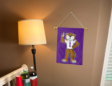 Load image into Gallery viewer, indoor display of purple side of LSU garden flag with Mike the tiger logo