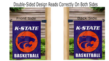 Load image into Gallery viewer, purple kansas state basketball garden flag displayed correctly on both sides while hanging from a mailbox flagpole