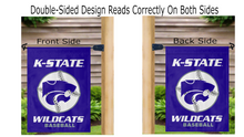 Load image into Gallery viewer, purple Kansas state baseball garden flag displayed correctly on both sides hung from a mailbox flagpole