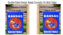 Load image into Gallery viewer, double-sided kansas basketball garden flag hung on mailbox flagpole reading correctly on both sides
