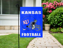 Load image into Gallery viewer, kansas football garden flag hung on garden flag stand displayed outdoors