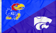 Load image into Gallery viewer, blue and purple Kansas Kansas State House Divided Flag with two metal grommets for sports decor