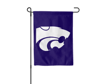 Load image into Gallery viewer, purple Kansas State University Garden Flag hanging on garden flag stand
