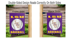 Load image into Gallery viewer, LSU baseball logo reading correctly on both sides of purple garden flag