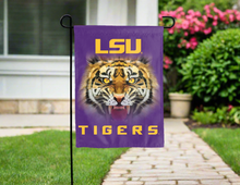 Load image into Gallery viewer, LSU garden flag with realistic tiger head logo hung outside for yard decor