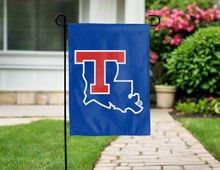 Load image into Gallery viewer, blue louisiana tech university garden flag hung outside for yard decor