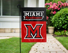 Load image into Gallery viewer, miami redhawks garden flag hung outside a driveway for yard decor