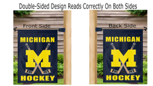 Load image into Gallery viewer, Blue University of Michigan Wolverines Hockey garden flag displayed correctly from both sides