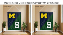 Load image into Gallery viewer, Michigan MSU rivalry house divided logos reading correctly on both sides of house flag