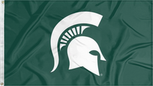 Load image into Gallery viewer, Green Michigan State University Applique Flag with Spartan helmet logo and two metal grommets for indoor home decor