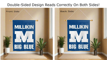 Load image into Gallery viewer, blue millikin m big blue logo reading correctly on both sides of house flag