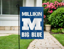 Load image into Gallery viewer, Millikin university garden flag with m big blue logo hung outside for yard decor