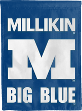 Load image into Gallery viewer, Millikin university garden flag with m big blue logo for man cave decor