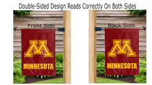 Load image into Gallery viewer, Minnesota M logo reading correctly on both sides of red garden flag