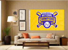 Load image into Gallery viewer, Gold LSU Baseball College World Series Champions Flag covering tan wall of living room