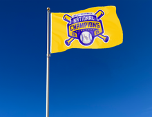 Load image into Gallery viewer, Gold LSU Baseball College World Series Champions Flag attached to flagpole waving in the wind