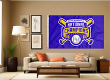 Load image into Gallery viewer, Purple LSU Baseball College World Series Champions Flag covering tan wall of living room
