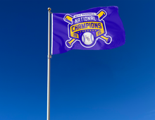 Load image into Gallery viewer, Purple LSU Baseball College World Series Champions Flag attached to flagpole waving in the wind