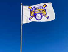 Load image into Gallery viewer, White LSU Baseball College World Series Champions Flag attached to flagpole waving in the wind