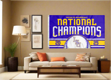 Load image into Gallery viewer, purple and gold NCAA D1 Baseball LSU Champions Flag covering tan wall of living room