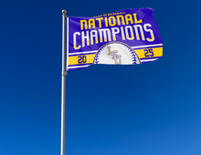 Load image into Gallery viewer, purple and gold NCAA D1 Baseball LSU Champions Flag attached to flagpole waving in the wind