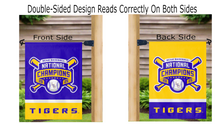 Load image into Gallery viewer, Purple and gold LSU Baseball College World Series Champions Garden Flag hung from mailbox flagpole displayed from both sides
