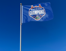 Load image into Gallery viewer, blue Florida Basketball March Madness 2025 Champions 3x5 Flag for indoor home décor attached to flagpole waving in the wind