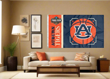 Load image into Gallery viewer, blue and orange Auburn Basketball Men's Final Four 3x5 Flag for indoor home décor covering tan wall of well lit room