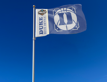 Load image into Gallery viewer, blue and grey Duke Basketball Men's Final Four 3x5 Flag for indoor home décor with two metal grommets attached to flagpole waving in the wind