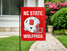 Load image into Gallery viewer, ncsu football double sided garden flag hung outside for yard decor