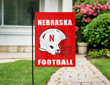 Load image into Gallery viewer, red nebraska football garden flag hung outside from stand