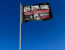 Load image into Gallery viewer, Black 3x5 foot wide Ohio State Football Rose Bowl 2025 Champions Flag with two metal grommets hanging on flagpole waving in the wind