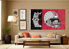 Load image into Gallery viewer, Red and Black Ohio State Football 3x5 Flag with two metal grommets covering living room wall