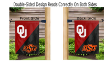 Load image into Gallery viewer, Oklahoma OSU logos reading correctly on both sides of house divided garden flag