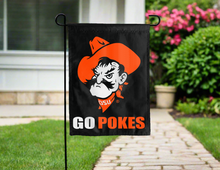 Load image into Gallery viewer, Black Oklahoma State University Garden Flag with GO Pokes logo