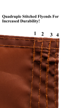 Load image into Gallery viewer, Quadruple Stitched flyends on an orange university of texas applique flag