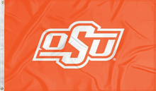 Load image into Gallery viewer, Orange 3x5 feet wide Oklahoma State University Flag with OSU Logo and two metal grommets for indoor home decor