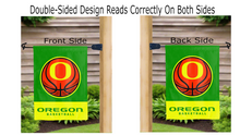 Load image into Gallery viewer, Oregon basketball logo reading correctly on both sides of University of Oregon garden flag