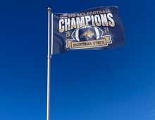 Load image into Gallery viewer, Montana State BIG SKY Conference Football Champions 2024 Flag hung outside for tailgate decor