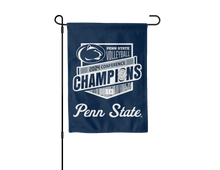 Load image into Gallery viewer, Blue 13x18 inch long Penn State University BIG Ten Conference Volleyball 2024 Champions Garden Flag hanging on black garden flag stand