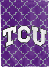 Load image into Gallery viewer, purple tcu house flag with grey pattern background for dorm decor