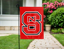 Load image into Gallery viewer, red nc state double sided garden flag hung outside for yard decor