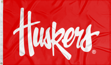 Load image into Gallery viewer, Red University of Nebraska Flag with white Huskers script font logo