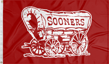 Load image into Gallery viewer, Red 3x5 feet wide University of Oklahoma Sooners Flag with Sooners Wagon Logo and two metal grommets