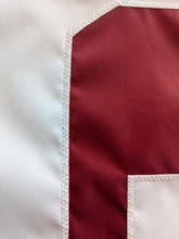 Load image into Gallery viewer, Hand sewn O logo for University of Oklahoma Applique Flag with two metal grommets for indoor home décor