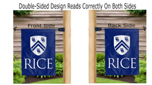Load image into Gallery viewer, Rice athenian owl and shield logo reading correctly on both sides of double sided garden flag