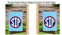 Load image into Gallery viewer, sip logo reading correctly on both sides of blue double sided garden flag